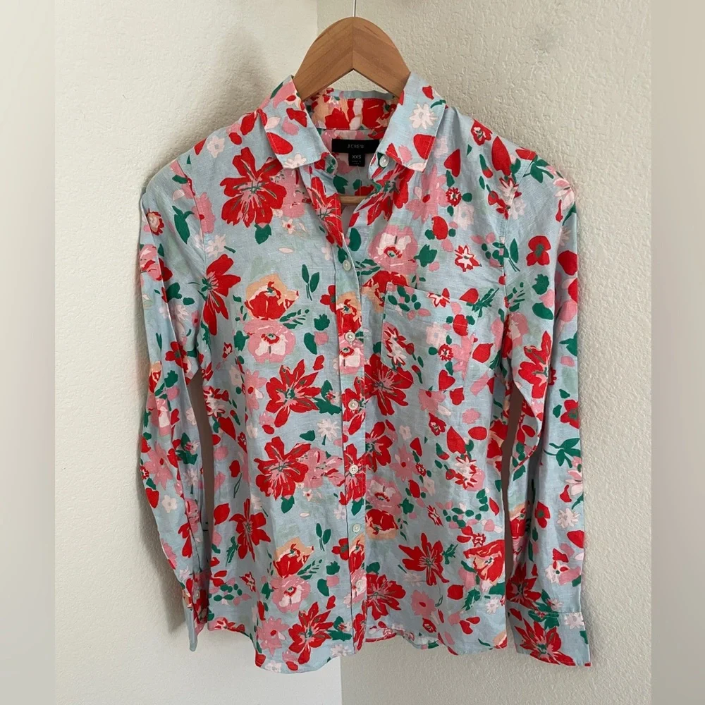 J. Crew Linen & Cotton Button-up Shirt - Sky Blue Blouse w/Floral Print - Sz XXS